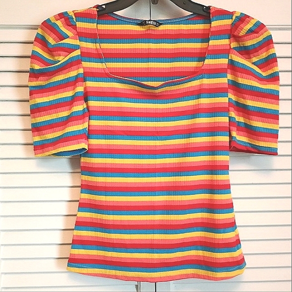 🌈NWOT Stripe Ruched Sleeve Puff Shoulder Cotton Ribbed Top (M)🌈 - Picture 1 of 13